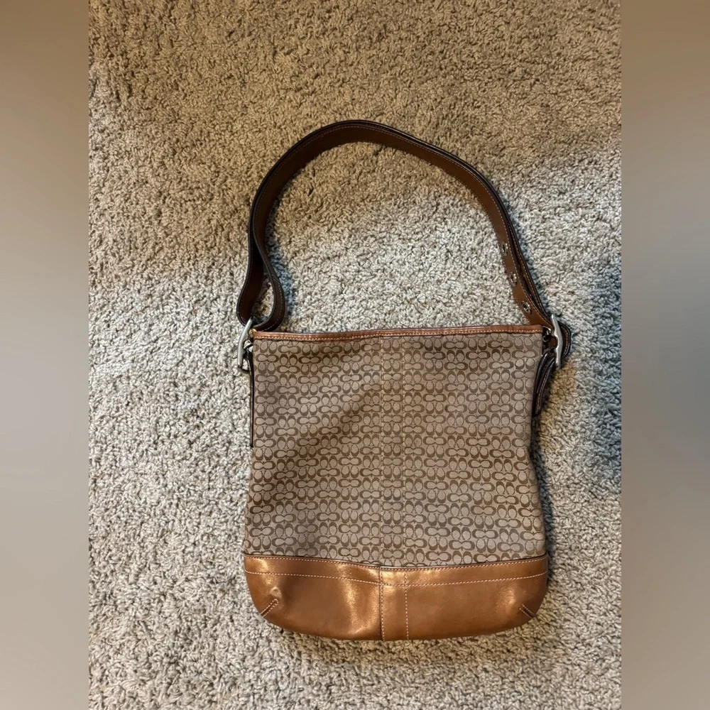 Coach Tan and Brown Mini Jacquard Convertible Shoulder Bag with Signature Design